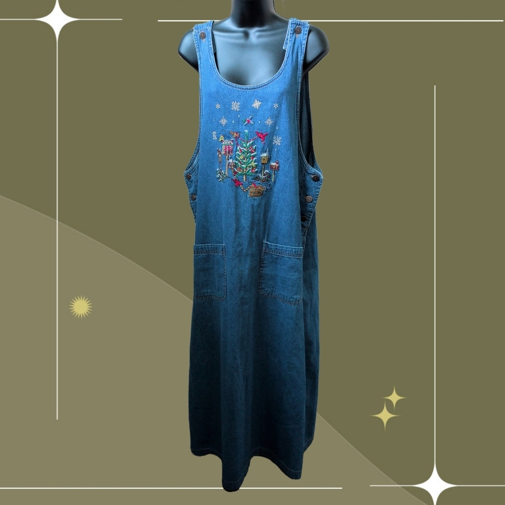 ✨ Vintage Casey Coleman Christmas Winter Bird Scene Denim Dress Size 1x